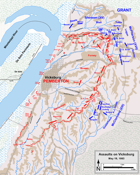 Color drawing of a map of the defenses of Vicksburg, showing assaults made on May 19, 1863, with disposition of Union troops in blue and Confederate troops in red
